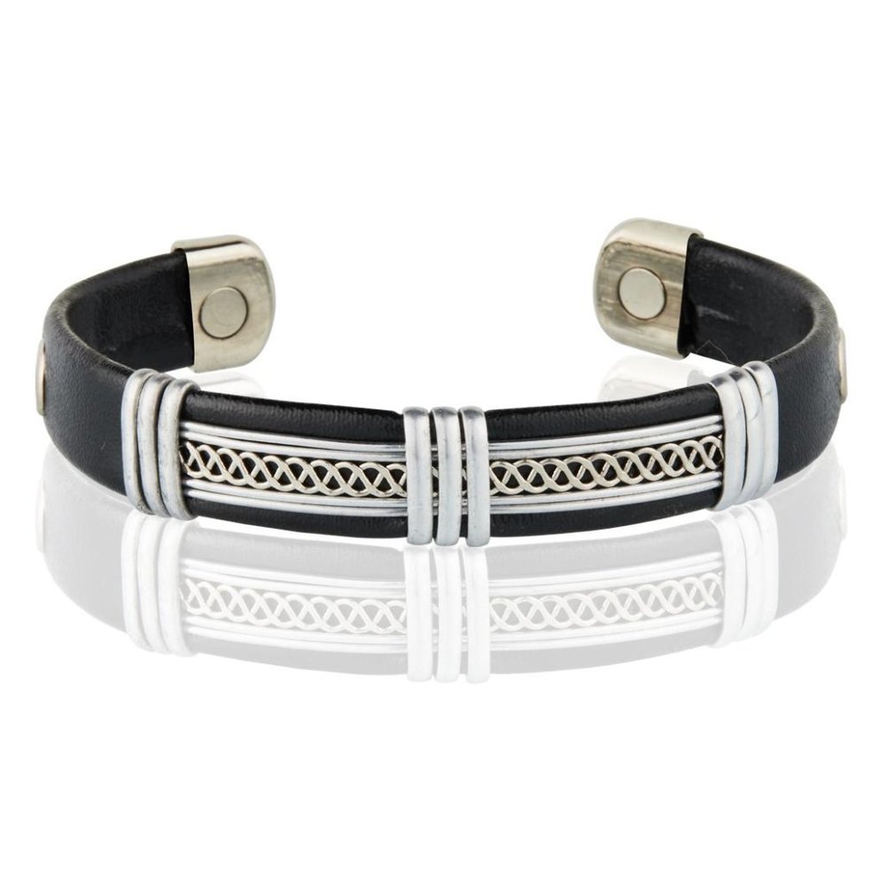Silver Tone Leather Wrapped Solid Copper Magnetic Bracelet Cuff Bangle